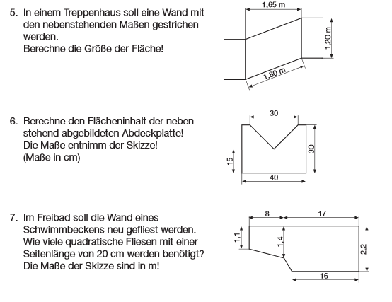 Fläche und Umfang Textaufgabe. Wand im Treppenhaus und von Schwimmbad