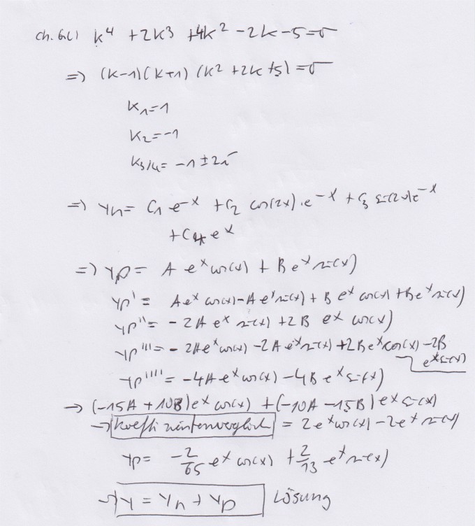 y''''+2y'''+4y''-2y' -5y= 2 e^x cos(x)-2 e^x sin(x) | Mathelounge