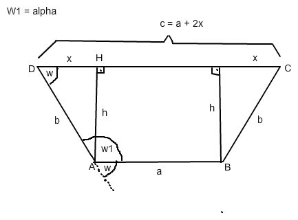 Fehlende Seite c im Trapez berechnen, gegeben a, h, alpha ...