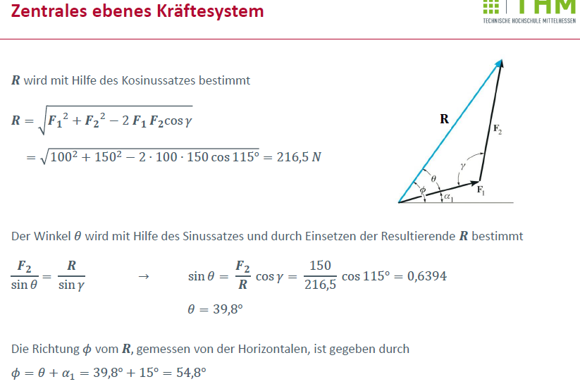 Kräfteaddition mit Kräfteparallelogramm rechnen. Winkel im ...