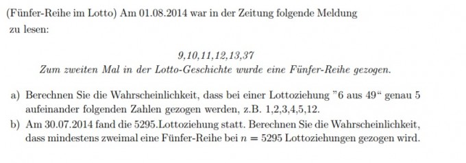 Wahrscheinlichkeit Fünfer-Reihe im Lotto ziehen? "6 aus 49 ...