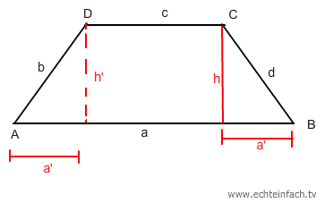 Kathetensatz: Berechne h und e des Trapezes mit b=d=4,0 cm ...